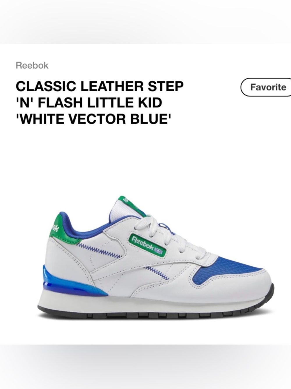 Reebok Kids Classic Leather Step ‘N’ Flash White Blue Vector Light Up Sneakers